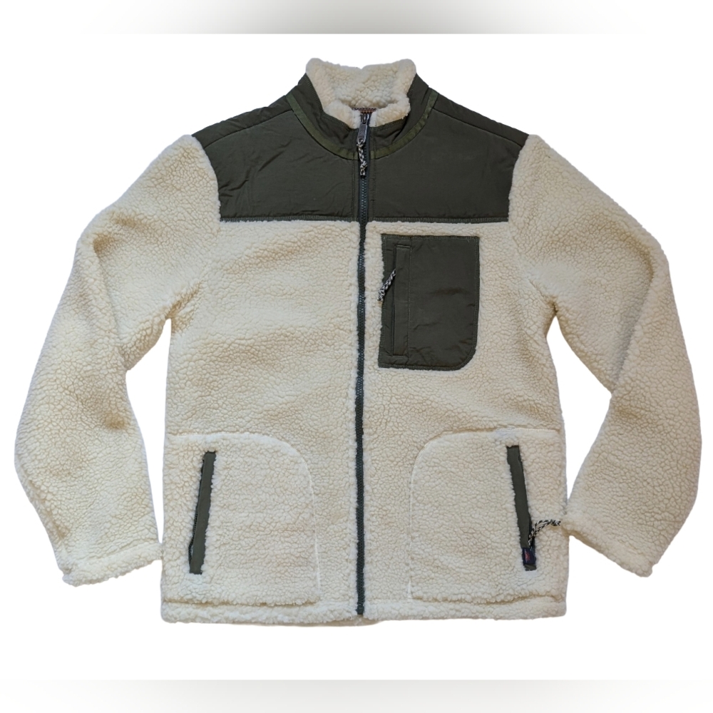 Faherty Cream Green Sherpa Fleece Shirt Jacket. Unisex Size Small, 40" Chest EUC